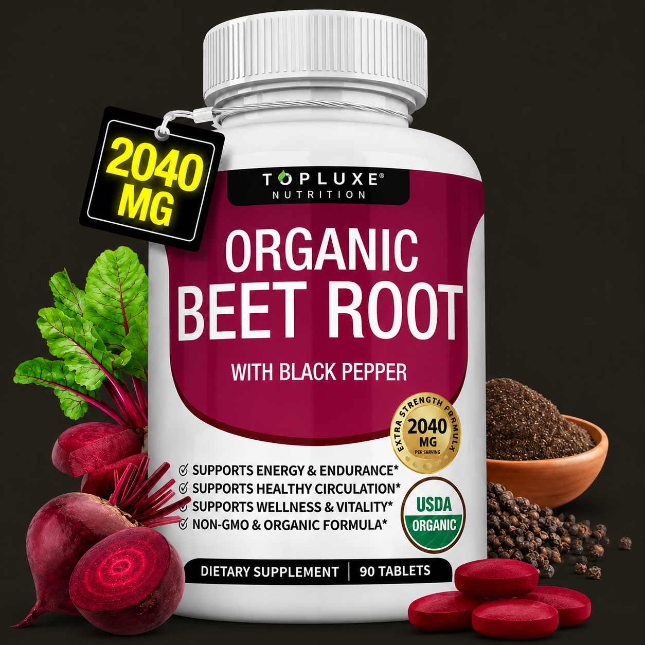 TopLuxe Organic Beet Root Tablets - Nitric Oxide Booster Beetroot Supplement 2040mg