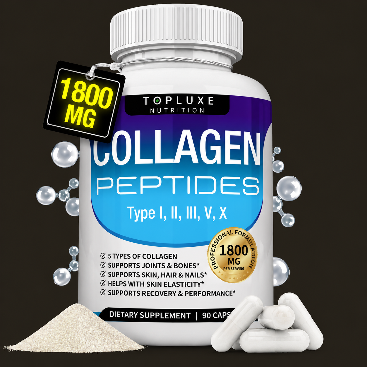 TopLuxe Collagen Peptides 5 Types Complex 1800mg US Made Dietary Supplement for Health Beauty Fitness 90 Capsules