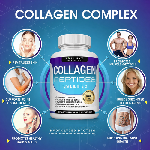 TopLuxe Collagen Peptides 5 Types Complex 1800mg US Made Dietary Supplement for Health Beauty Fitness 90 Capsules