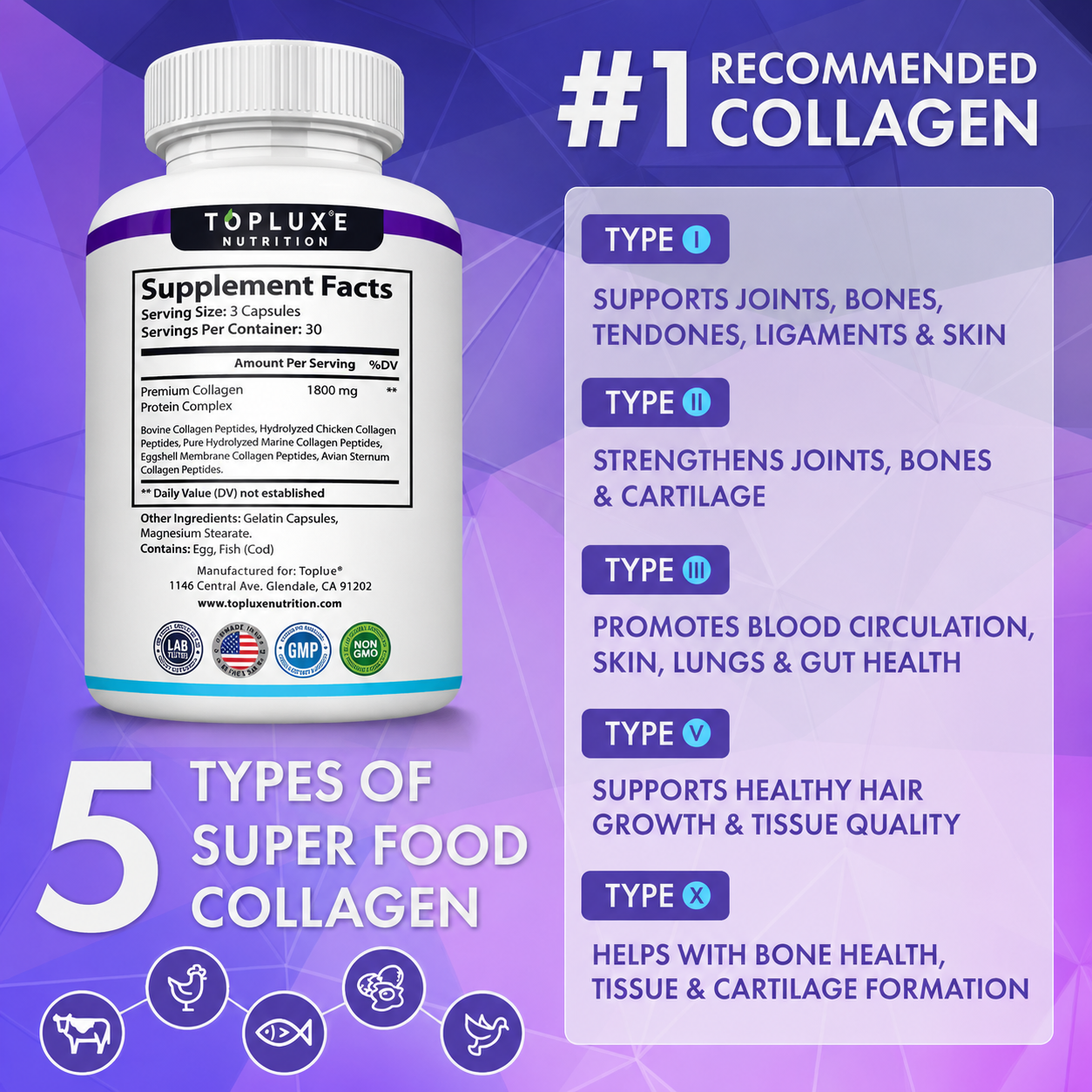 TopLuxe Collagen Peptides 5 Types Complex 1800mg US Made Dietary Supplement for Health Beauty Fitness 90 Capsules