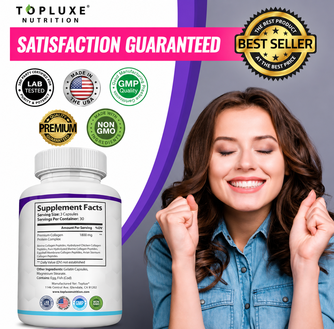 TopLuxe Collagen Peptides 5 Types Complex 1800mg US Made Dietary Supplement for Health Beauty Fitness 90 Capsules