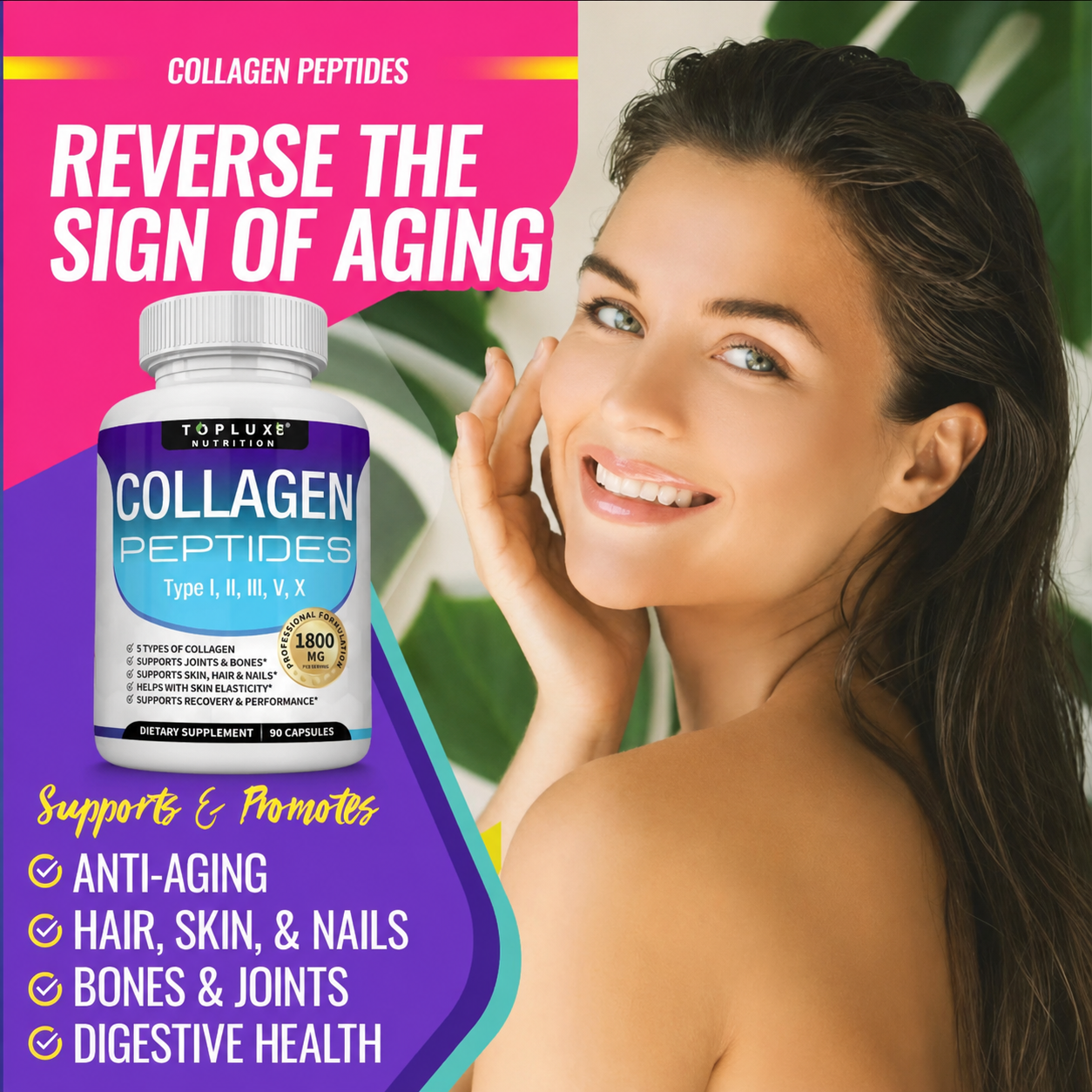 TopLuxe Collagen Peptides 5 Types Complex 1800mg US Made Dietary Supplement for Health Beauty Fitness 90 Capsules