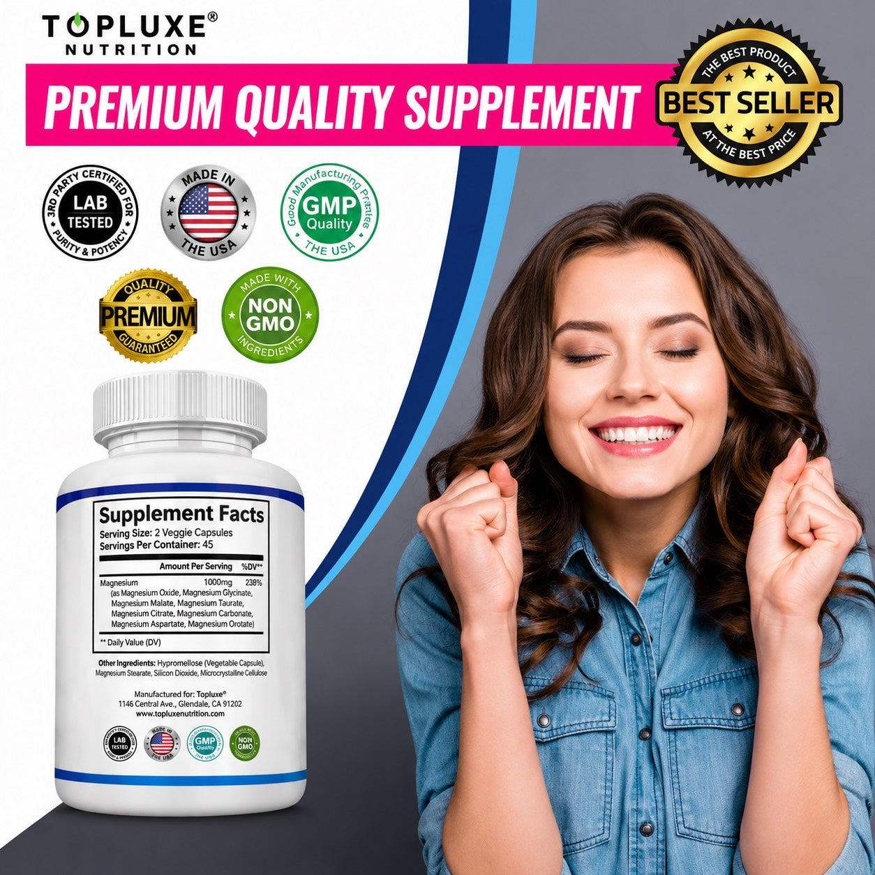 TopLuxe Magnesium Complex 8 Essential Magnesium Supplement 1000mg