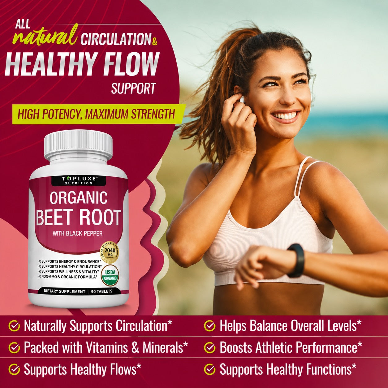 TopLuxe Organic Beet Root Tablets - Nitric Oxide Booster Beetroot Supplement 2040mg