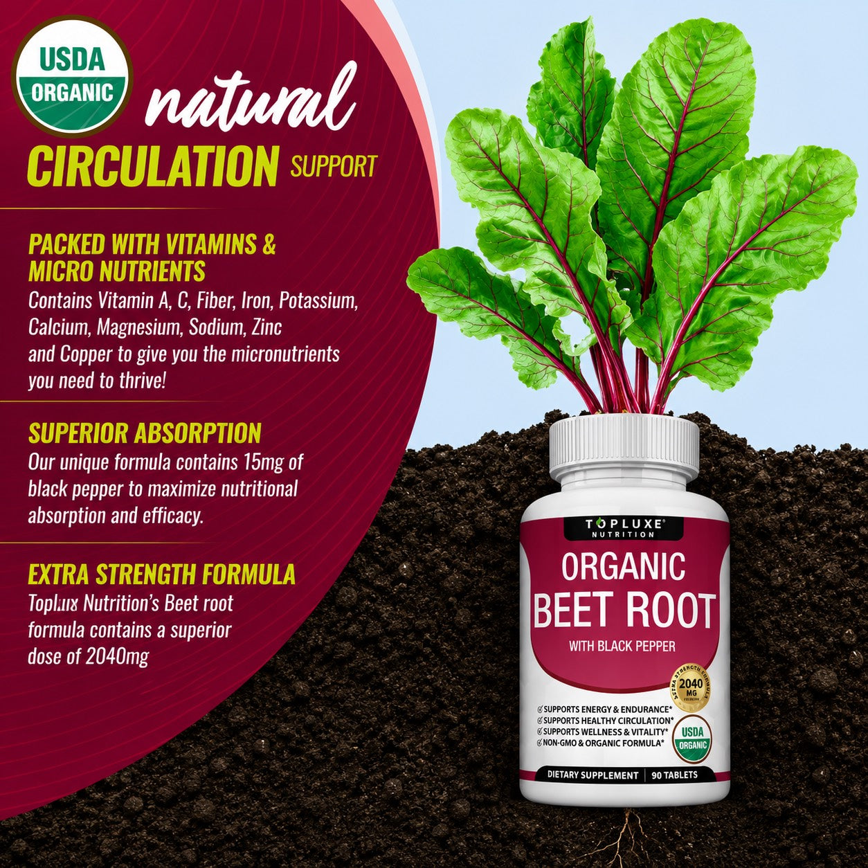 TopLuxe Organic Beet Root Tablets - Nitric Oxide Booster Beetroot Supplement 2040mg