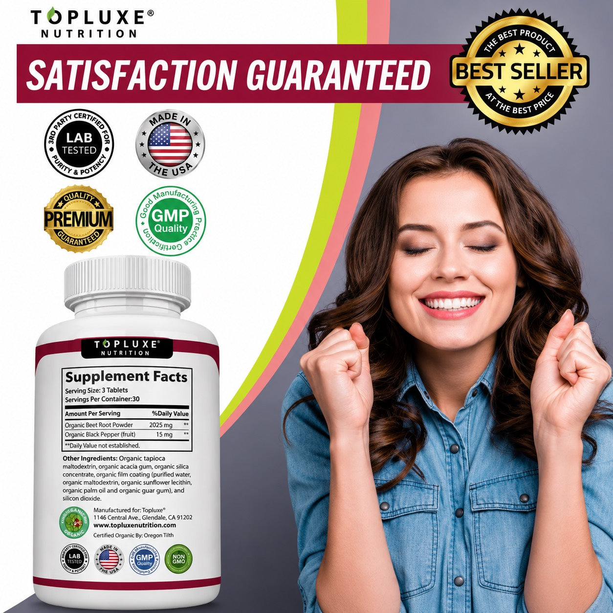 TopLuxe Organic Beet Root Tablets - Nitric Oxide Booster Beetroot Supplement 2040mg